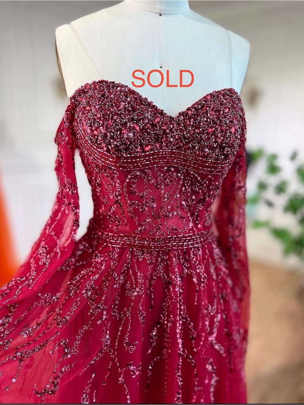 Unk Burgundy Beaded Off-Shoulder Maxi Dress